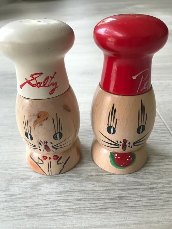Salty and Peppy Other - Salt and Pepper Shakers Salty and Peppy Cats Vintage Wood Hand Painted Kitschy